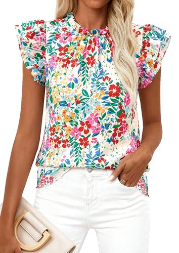 PRETTYGARDEN Women's Ruffle Short Sleeve Summer Tops 2026 Trendy Floral Trim Neck Casual Dressy Chiffon Boho Blouses Shirts(Floral White Multicolored, M)