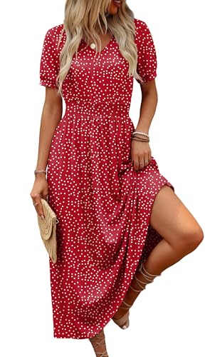 OFEEFAN Red Polka Dot Maxi Dresses for Women Ladies Summer Midi Sundresses Long Casual Dress Spring Beach Vacation Outfits Fashion Clothing 2026 Trendy Resort Wear A Line Flowy M
