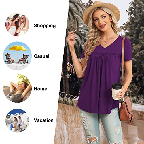 LAOLASI V Neck Short Sleeve Summer Soft Tops Shirt Hide Belly Daily Shirt Loose Plus Size Tunic Fashion Blouse,Purple,XXL