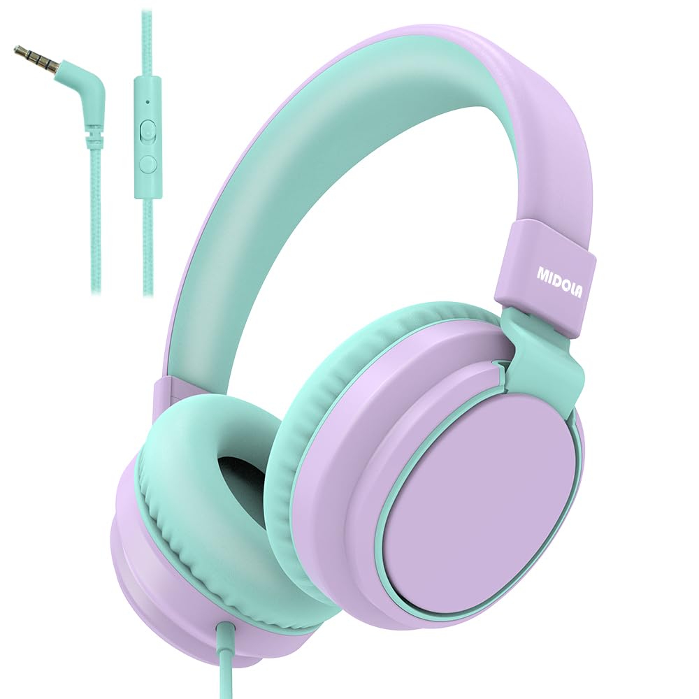 Kids Headphones Volume Limited 85/94dB - Wired Over-Ear Foldable Headset with Microphone Pink Light Purple