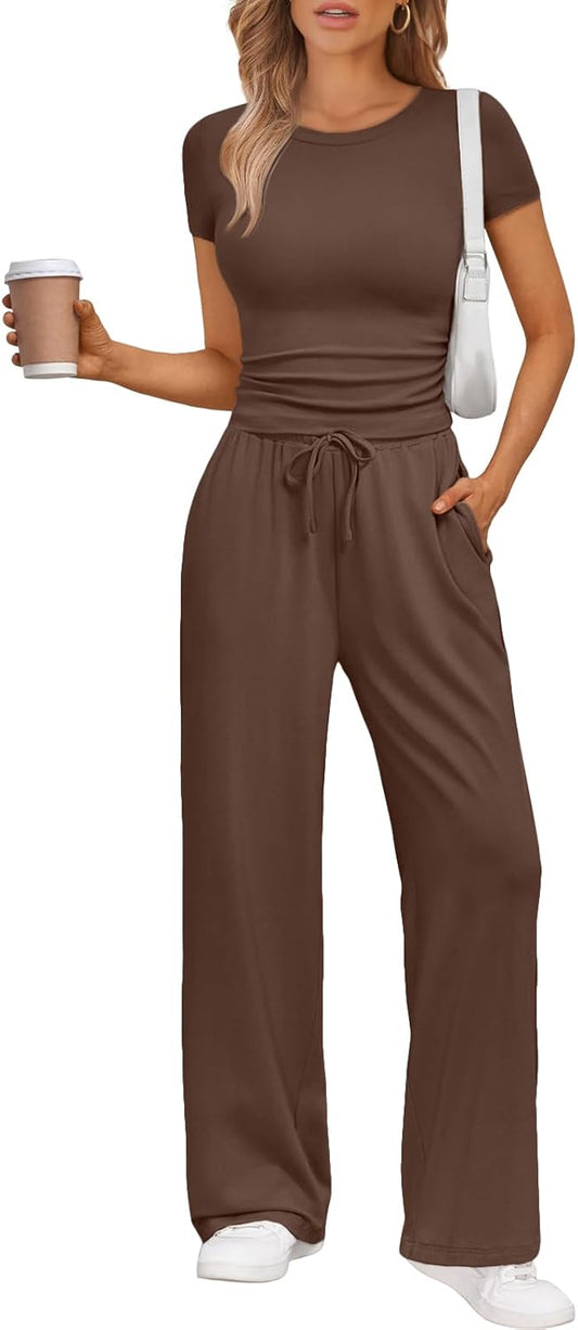 Women's 2 Piece Matching Sweatsuit Wide Leg Pants Crop Top Set