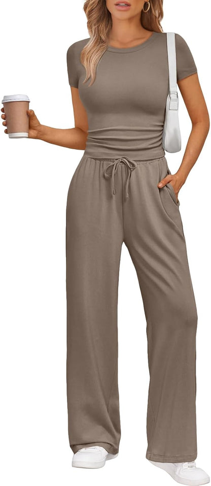 Women's 2 Piece Matching Sweatsuit Wide Leg Pants Crop Top Set