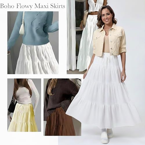 DERAX Women's Boho Flowy Maxi Skirts Elegant Flared Ruffle Hem Elastic High Waisted Summer Fall A Line Long Skirts White S