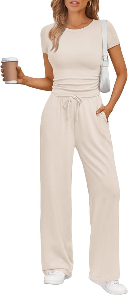 Women's 2 Piece Matching Sweatsuit Wide Leg Pants Crop Top Set