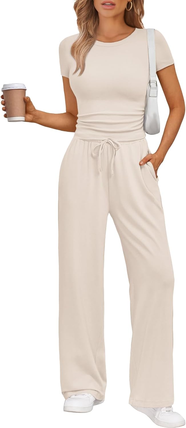 Women's 2 Piece Matching Sweatsuit Wide Leg Pants Crop Top Set