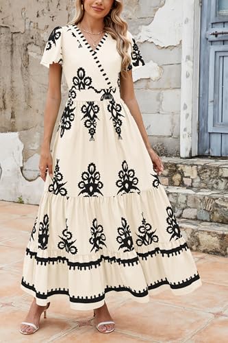 PRETTYGARDEN Womens 2026 Summer Casual V Neck Boho Maxi Dress Flowy Aline Bell Sleeve Tiered Floral Dresses with Pocket (Floral Apricot Black,Medium)