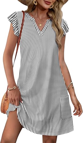 OFEEFAN Striped Dress Spring Summer Dresses for Women Casual Sundress Loose Clothes Elegant Classy Date Outfits Print 9 M