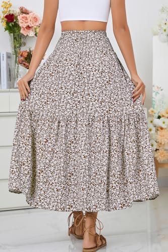 PRSFPN Women's Boho Maxi Skirt Floral Printed Smocked High Waist Long Skirts with Pockets Flowy Ruffle A-Line Summer Beach (Khaki Floral, Small)