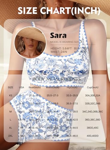 Herseas Womens Bikini Sets Floral Print Whip Stitch 2 Piece Modest Swimsuits High Waisted Scoop Padded Blue Bathing Suits Cute Teens Beach Swimwear 2026 Summer Medium