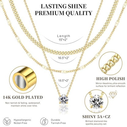 WomenGifts Layered Gold Necklaces for Women, 14K Gold Plated Dainty Cute Pendant Necklace Jewelry Set, Chunky Stackable Cuban Chain Choker Collar, Trendy Waterproof Non Tarnish Jewelry Gift for Mom
