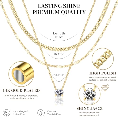 WomenGifts Layered Gold Necklaces for Women, 14K Gold Plated Dainty Cute Pendant Necklace Jewelry Set, Chunky Stackable Cuban Chain Choker Collar, Trendy Waterproof Non Tarnish Jewelry Gift for Mom