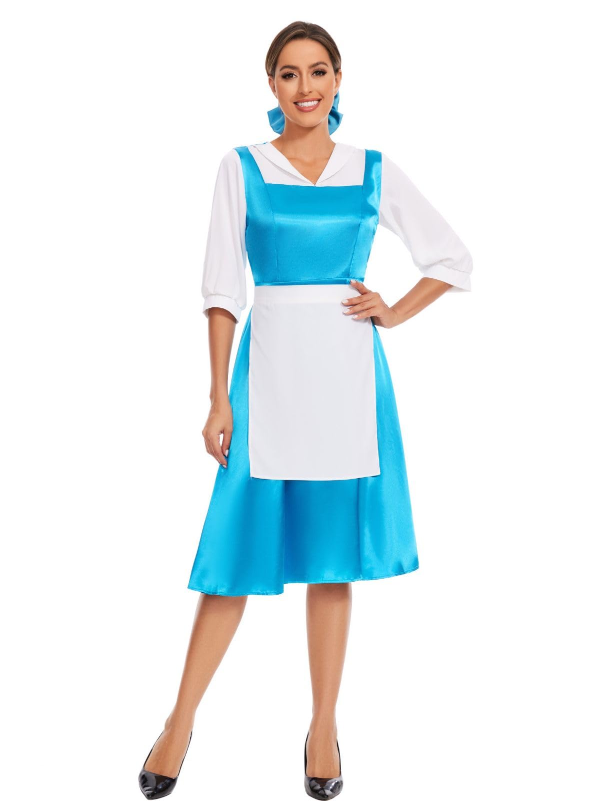Women's Belle Costume - Blue Maid Dress with Apron and Hair Bow