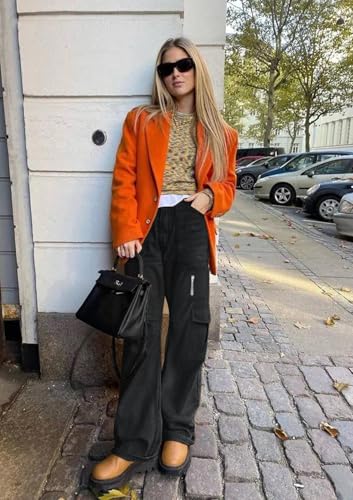 IVIR Cargo Jeans for Women High Waist Baggy Cargo Pants High Rise Boyfriend Y2K Street Wear Pants Black Large