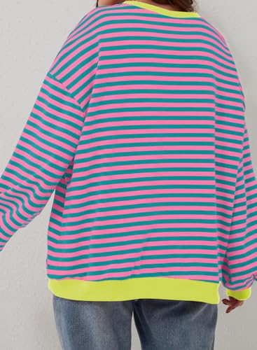 Eytino Plus Size Tops for Women Crew Neck Long Sleeve Striped Color Block Sweatshirts 2026 Fall Fashion Pullover Tops Casual Loose Oversized Shirt Pink 4X