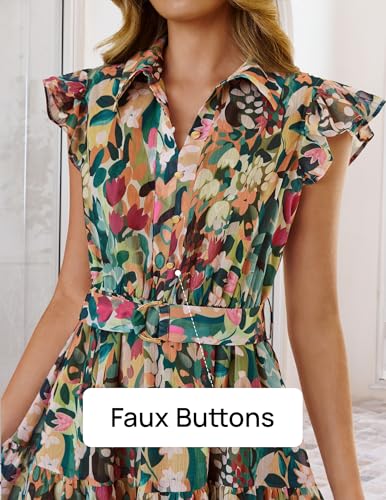 ZESICA Women's Summer Floral Midi Dress 2026 Casual Flutter Short Sleeve Chiffon Button Down Wedding Guest Party Dresses Green Small