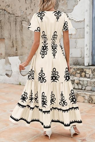 PRETTYGARDEN Womens 2026 Summer Casual V Neck Boho Maxi Dress Flowy Aline Bell Sleeve Tiered Floral Dresses with Pocket (Floral Apricot Black,Medium)