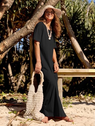MEROKEETY Summer Casual Maxi Dresses for Women 2026 Vacation Crew Neck Short Sleeve Modest Long T Shirt Dress with Pockets, Black, X-Large