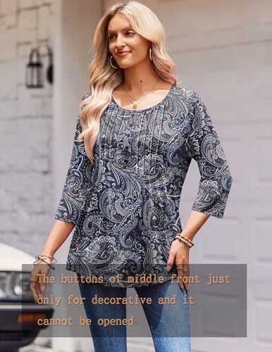Zeagoo Womens Tops 3/4 Length Sleeve Top Seniors Business Casual Blouse Boho Print Crew Neck T-shirt Casual For Spring Spring Summer Basic Blouses Shirts