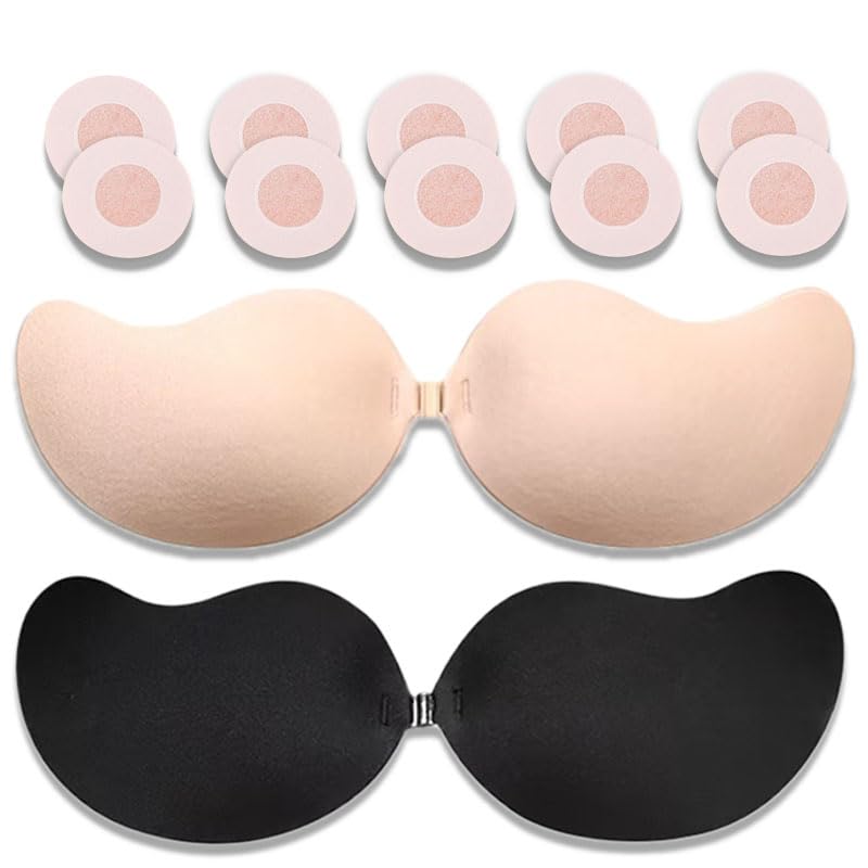 Strapless Adhesive Bra 2 Pack - Invisible Push Up Sticky Bra for Backless Outfits Nude