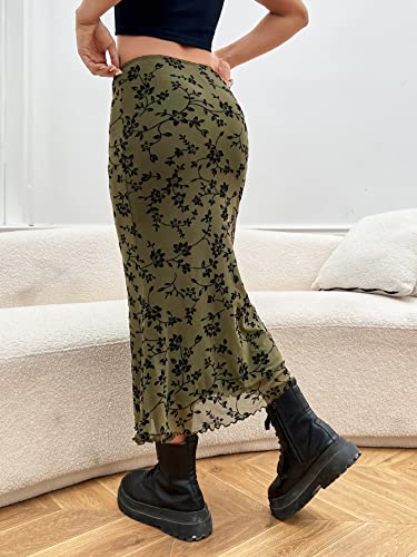 Verdusa Women's High Waisted Mesh Skirt Y2k Outfits Fishtail Bodycon Long Skirts Goth Clothes Army Green Floral Medium