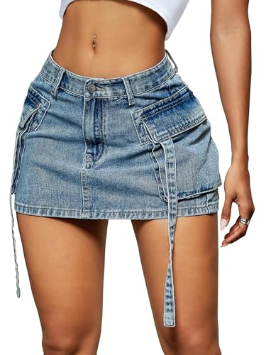 LOLILRSD Women Cargo Skirt Denim Mini Low Waist Y2K Jean Skirts with Pockets(LB,XL)
