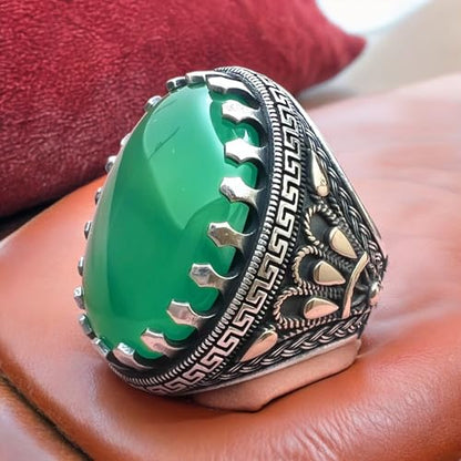 Big Stone,Yemen's Verdant Beauty Large Green Agate Ring in 925 Sterling Silver,Authentic Yemeni Agate Stone in 925 Silver - Statement Piece عقیق یمانی (11.5)