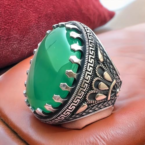 Big Stone,Yemen's Verdant Beauty Large Green Agate Ring in 925 Sterling Silver,Authentic Yemeni Agate Stone in 925 Silver - Statement Piece عقیق یمانی (11.5)