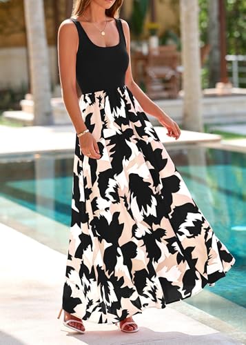 KIRUNDO Women Summer Sleeveless Boho Floral Maxi Dress 2026 Scoop Neck Tank A Line Flowy Beach Vacation Resort Wear Sundress(Black, Large)