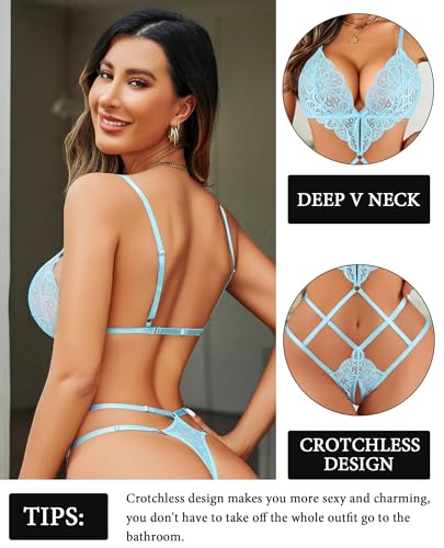 Avidlove Women's Lingeries Floral Lace One Piece Lingerie Babydoll Teddy Lingerie Bodysuit Light Blue