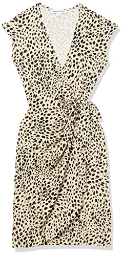 Amazon Essentials Women's Classic Cap Sleeve Wrap Dress with V Neck (Available in Plus Size), Tan Animal Print, Large