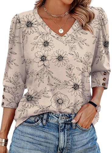 XIEERDUO Womens Fall Fashion 2026 Blouses for Women Dressy Casual V Neck Summer 3/4 Length Sleeve Plus Size Tops Floral Beach Vacation Clothes F-Khaki Ink Floral XXL