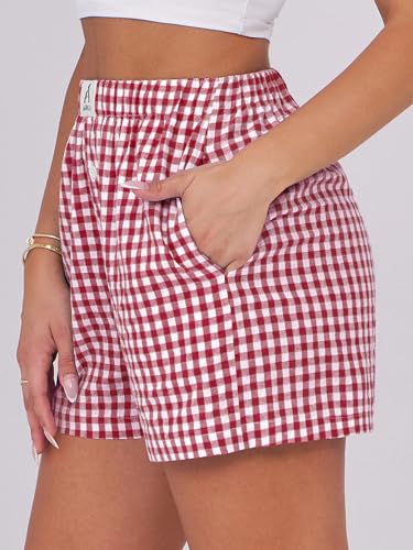 ANRABESS Boxer Shorts for Women Gingham Pajama 2026 Summer Casual Lounge Sleep Plaid Shorts Y2K Beach Bottoms Red White Plaid Medium