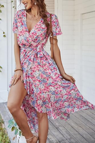 PRETTYGARDEN Women's Summer Floral Boho Dress Wrap V Neck Short Sleeve Ruffle A-Line Flowy Maxi Wedding Guest Dresses (Pink Floral,Large)