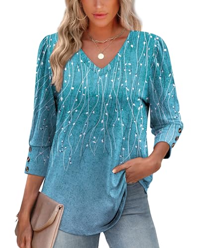 XIEERDUO Blouses for Women Dressy Casual Fall Clothes Fashion Clothing School Outfits for Teachers 2026 Womens 3/4 Length Sleeve Tops Business F-Blue Dotted Lines XL