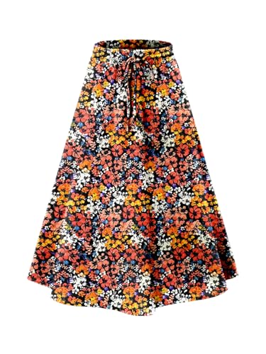 Angerella Womens' Casual Chiffon Midi Skirt with Pockets Floral Print Pleated High Waist Knee Length Skirt(Orange,M)