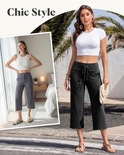 ZOOSIXX Capri Pants for Women - Palazzo Pants Casual Wide Leg Trousers with Pockets Summer High Waisted Drawstring Pants Black
