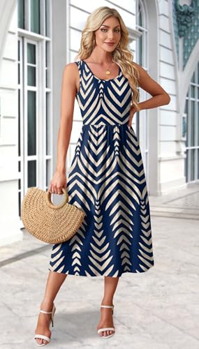 WIHOLL Casual Summer Dresses for Women 2025 Sleeveless Flowy Spring Sun Dress Beach Vacation Hawaiian Sundresses Long Maternity Maxi Midi Dresses for Women Seniors 2026 Navy Stripe M