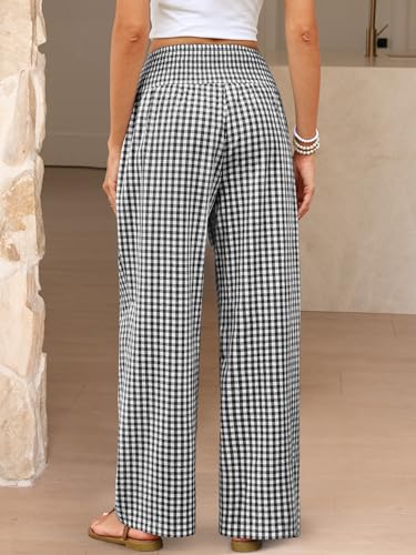 ANRABESS Womens Palazzo Pants, Striped & Gingham, Lounge & Casual, Cute Pajama Pants, Wide Leg, High Waisted, Pockets Black White Plaid Large