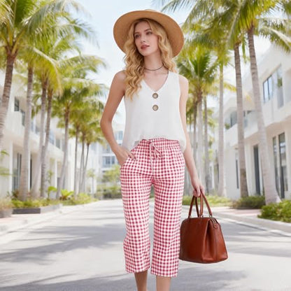 Bermuda Shorts for Womens Drawstring Elastic High Waisted Stripe and Gingham Wide Leg Beach Shorts Slacks with Pockets Pink