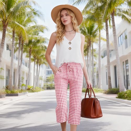 Bermuda Shorts for Womens Drawstring Elastic High Waisted Stripe and Gingham Wide Leg Beach Shorts Slacks with Pockets Pink