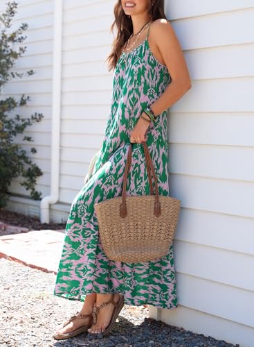 Dokotoo Beach Dresses for Women Summer Casual Maxi Dresses Scoop Neck Boho Beach Dress Sleeveless Spaghetti Strap Sexy Dress Ruffle A Line Flowy Dresses Medium Green