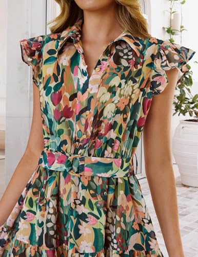ZESICA Women's Summer Floral Midi Dress 2026 Casual Flutter Short Sleeve Chiffon Button Down Wedding Guest Party Dresses Green Small