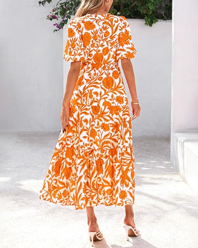dowerme Womens Summer Dresses 2026 Casual Puff Short Sleeve V Neck Floral Boho Tiered Ruffle Maxi Dress with Pockets(White Orange Yellow,Large)
