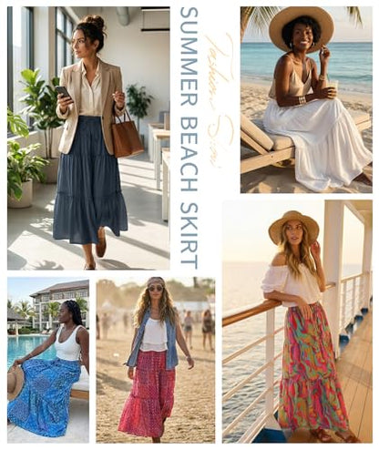 Trendy Lightweight Drawstring Tiered Ruffles Paisley Hippie Plus Size Bohemian Long Maxi Skirt with Deep Pockets Office Music Festival Travel Picnic Dating Fall Outfits Multicolor Abstract Wave M