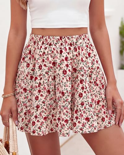 BTFBM Summer Skirts for Women 2026 Floral High Waist Shorts Underneath Boho Tiered Flowy Tennis Skorts Casual Mini Skirt(Floral Apricot Red, Small)