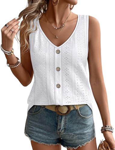 WIHOLL Tank Top for Women Trendy Flowy Beach Vacation Clothes Sleeveless Womens Summer Boho Tops Cruise Outfits Eyelet Dressy Casual Loose Fit White M