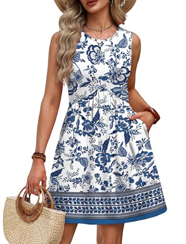 WIHOLL Summer Dresses for Women 2026 Above Knee Length A Line Short Sundress Graduation Wedding Guest Dress Hawaiian Boho Beach Vacation Clothes Spring Break Outfits Resort Wear Floral Blue M