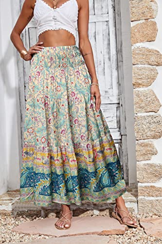 CFLONGE Summer Maxi Skirts for Women 2025 Fashion Boho Long Skirt Trendy Floral High Waist A Line Beach Skirt Vacation Outfit(Apricot,Small)