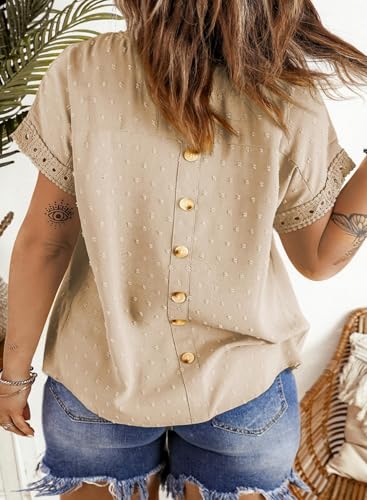 Eytino Women Plus Size Tops Crewneck Short Sleeve Lace Crochet Loose Casual Summer Blouses Shirts,3X Apricot