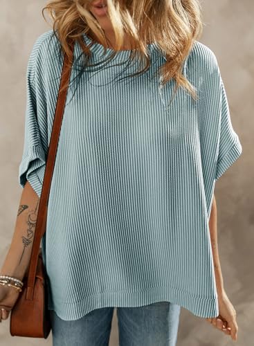 Dokotoo Womens Ladies Plus Size Tops for Women 2026 Fashion Summer Short Sleeve Solid Casual T-Shirts Work Business Loose Tee Shirts Texture Waffle Knit Tunic Top Blouses Blue XX-Large